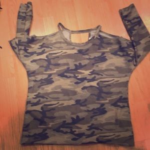 Camouflage long sleeve, open shoulder shirt